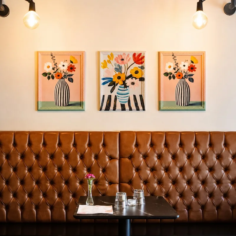 Banquette seating and artwork at La Vitrine