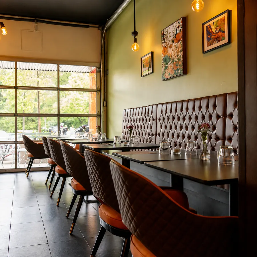 La Vitrine interior — banquette seating, art, and warm lighting